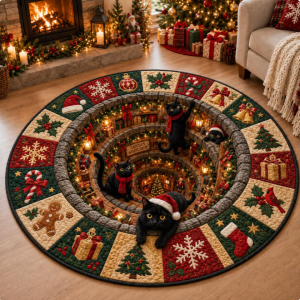Alfombra redonda navideña con diseño de gato negro, tapete 3D del taller de Santa Claus, alfombra acolchada navideña, decoración festiva para amantes de los gatos, regalo acogedor de invierno 2026.