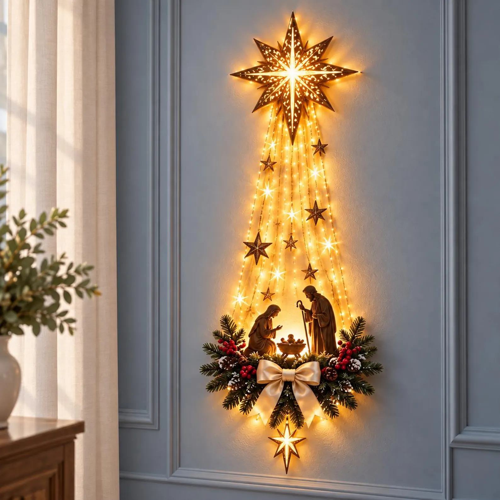 Decoración navideña de pared con iluminación: ángel e iglesia o escena de la Natividad, adorno colgante con estrella de Belén LED, decoración religiosa para las fiestas, regalo cristiano - Imagen 3