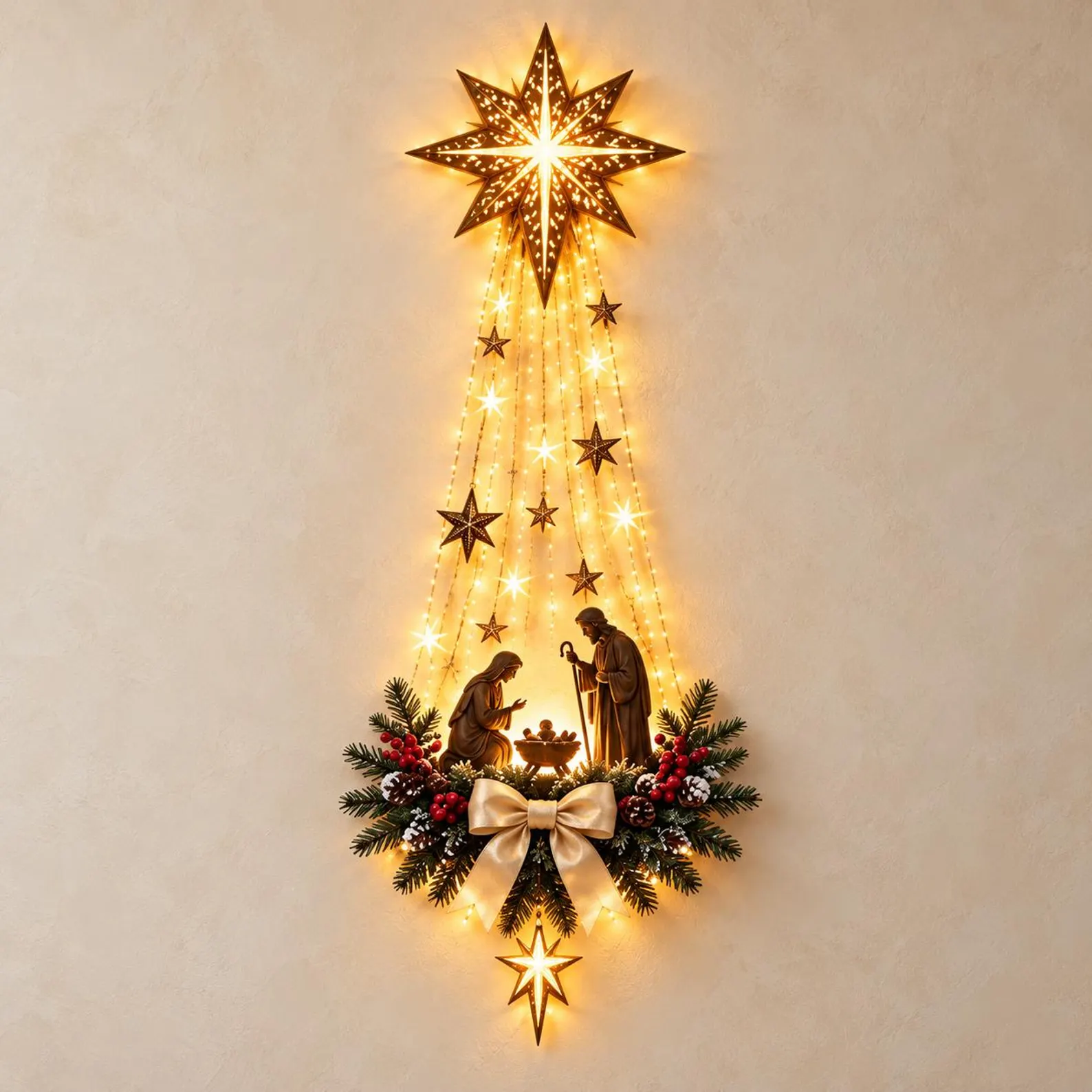 Decoración navideña de pared con iluminación: ángel e iglesia o escena de la Natividad, adorno colgante con estrella de Belén LED, decoración religiosa para las fiestas, regalo cristiano - Imagen 6