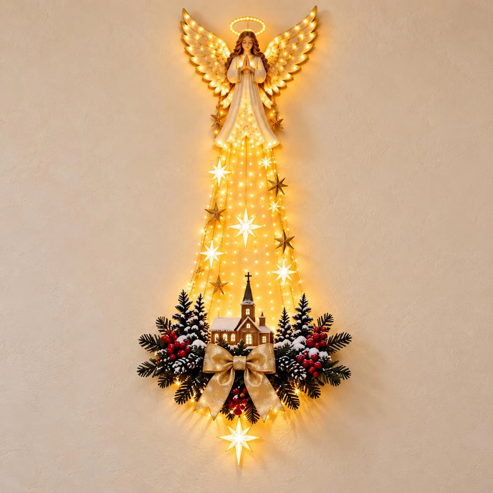 Decoración navideña de pared con iluminación: ángel e iglesia o escena de la Natividad, adorno colgante con estrella de Belén LED, decoración religiosa para las fiestas, regalo cristiano - Imagen 10