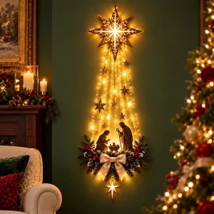 Decoración navideña de pared con iluminación: ángel e iglesia o escena de la Natividad, adorno colgante con estrella de Belén LED, decoración religiosa para las fiestas, regalo cristiano
