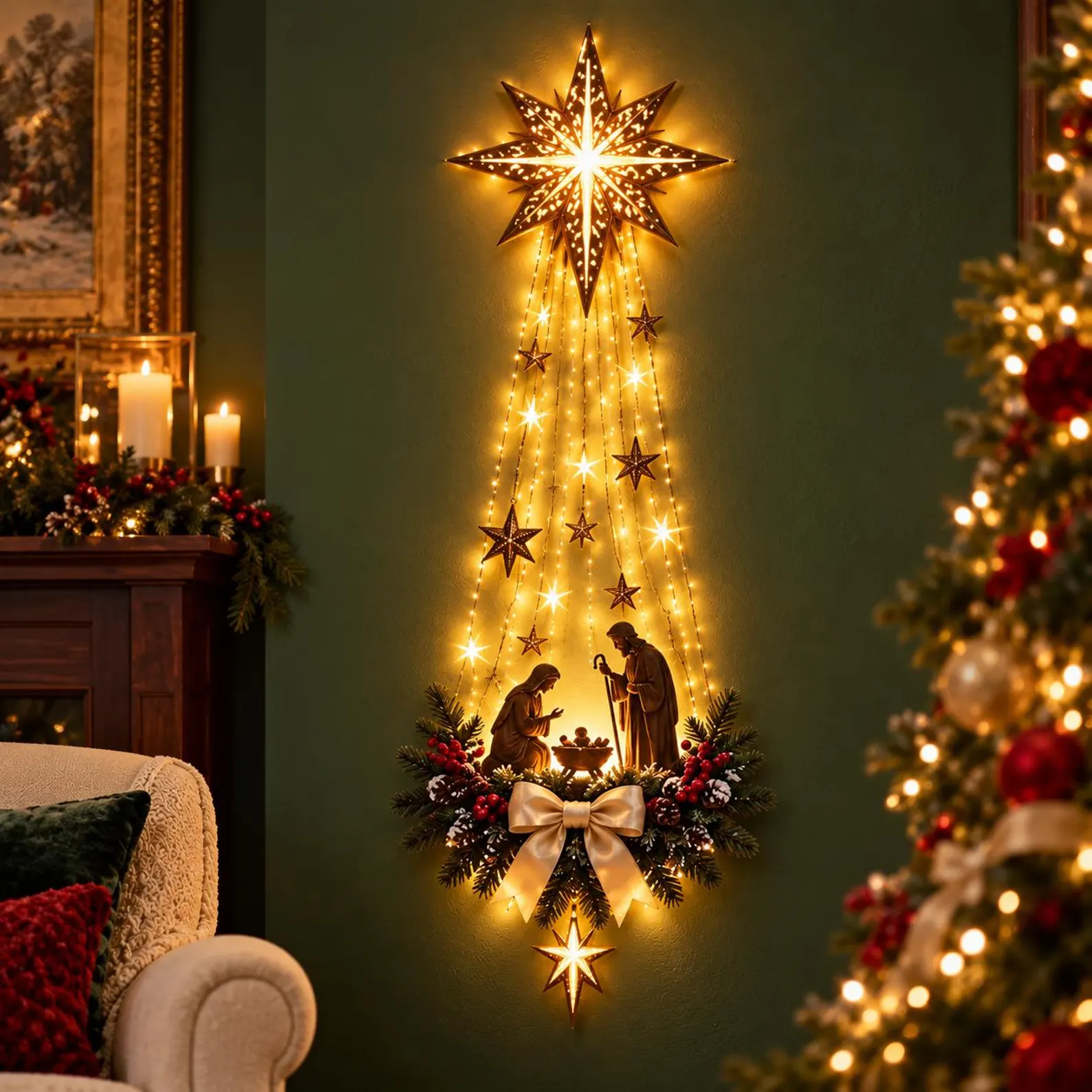 Decoración navideña de pared con iluminación: ángel e iglesia o escena de la Natividad, adorno colgante con estrella de Belén LED, decoración religiosa para las fiestas, regalo cristiano