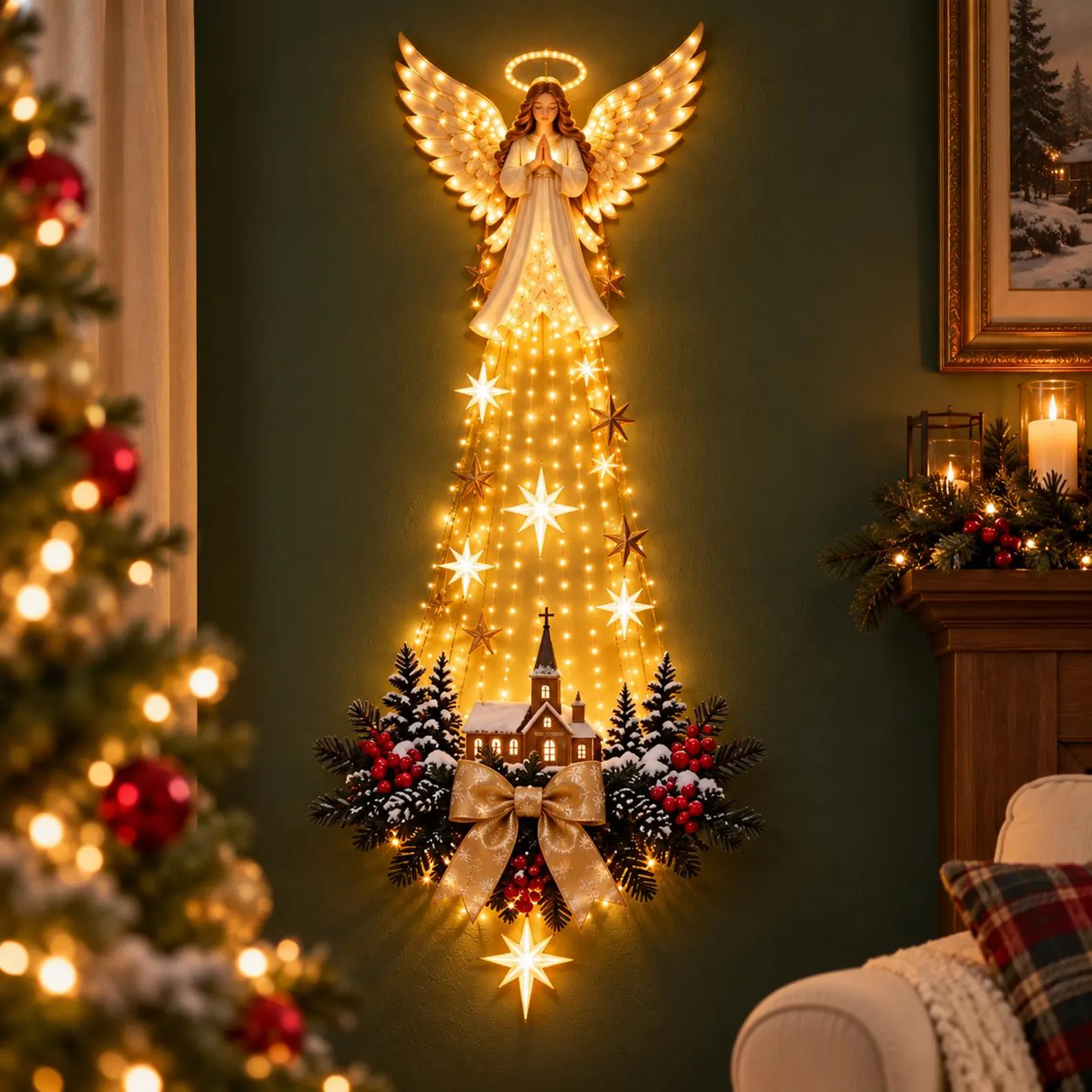 Decoración navideña de pared con iluminación: ángel e iglesia o escena de la Natividad, adorno colgante con estrella de Belén LED, decoración religiosa para las fiestas, regalo cristiano - Imagen 2